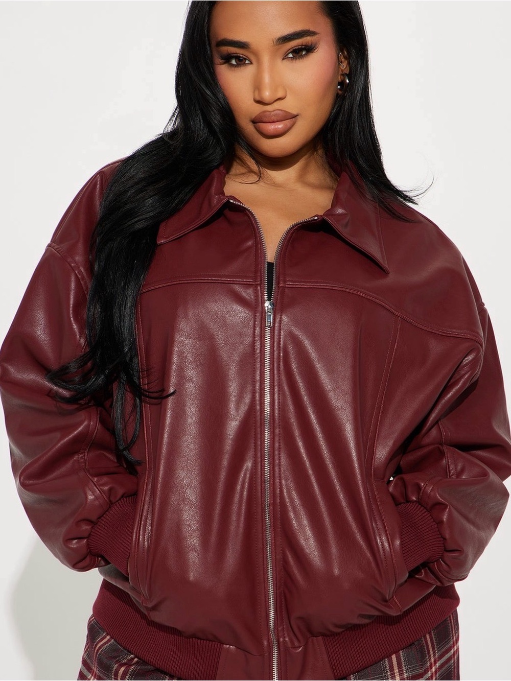 Fashion Nova Burgundy Ellie Oversized Faux Leather Bomber Jacket